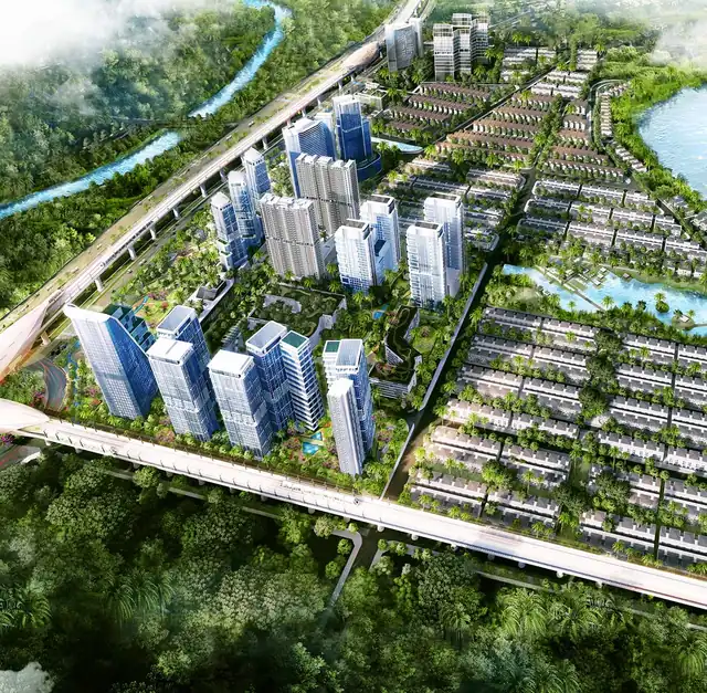 An Cư Đắc Địa: phối cảnh 2 tháp Arcadia giữa khu đô thị Lavila nhìn từ trên cao (ảnh minh họa)