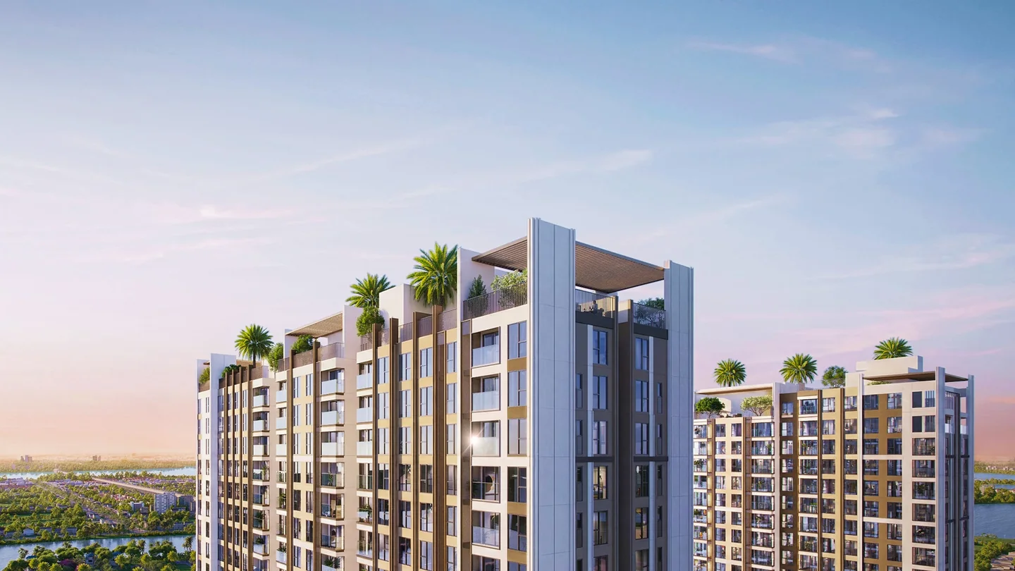 Hai tháp Arcadia at Lavila lúc hoàng hôn trên trục Nguyễn Hữu Thọ (ảnh minh họa)