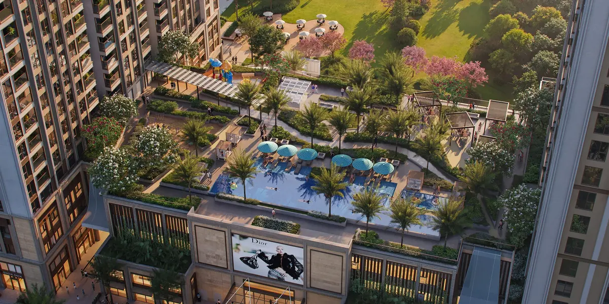 Hồ bơi biểu tượng, cabana và sân vườn trên tầng 5 Arcadia at Lavila nhìn từ trên cao (ảnh minh họa)