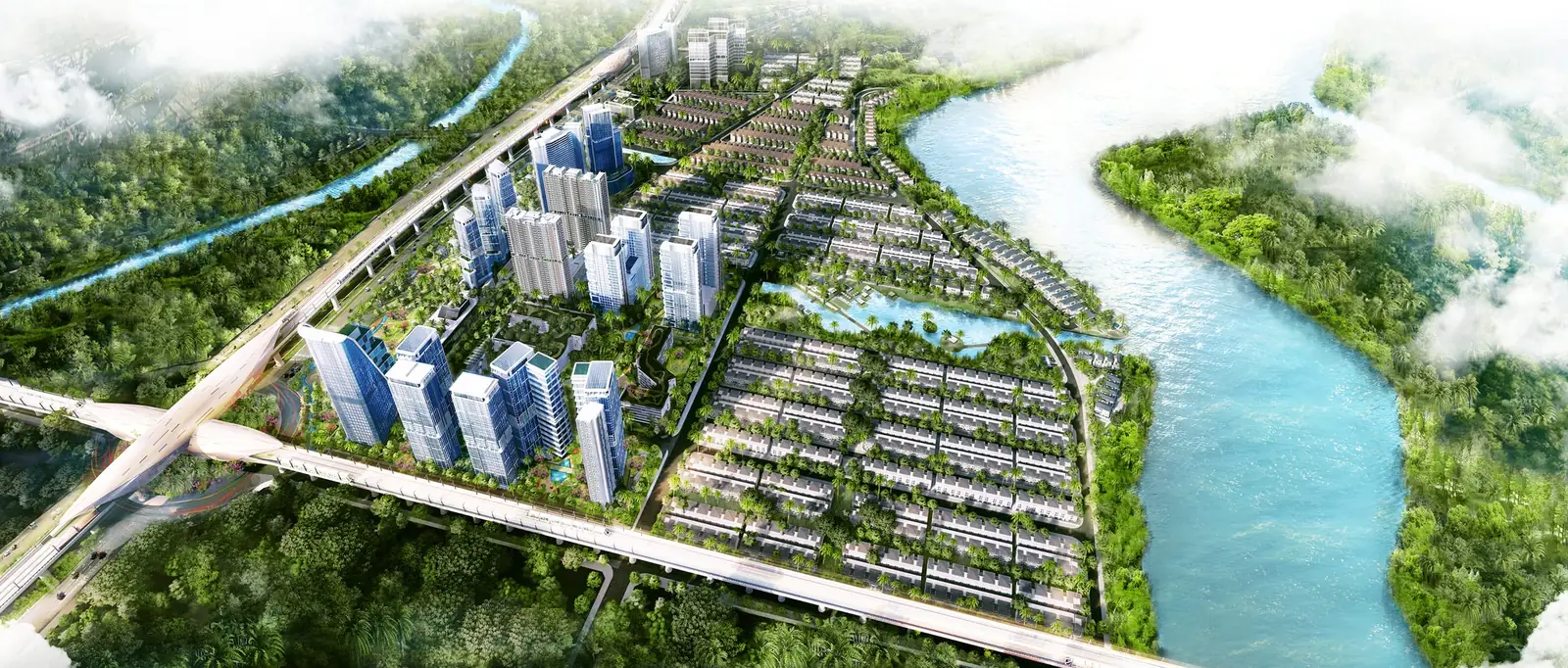 Phối cảnh tổng thể khu đô thị Lavila 60 ha với hồ sinh thái, công viên và các phân khu cao tầng, thấp tầng (ảnh minh họa)