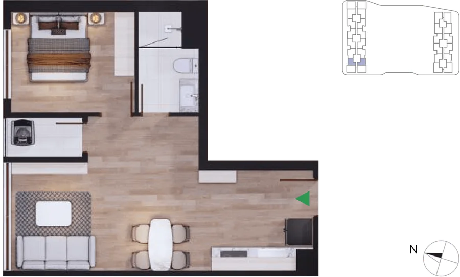 Mặt bằng 3D căn 1 phòng ngủ (1BR) diện tích tim tường ~44,26 m² tại Arcadia at Lavila
