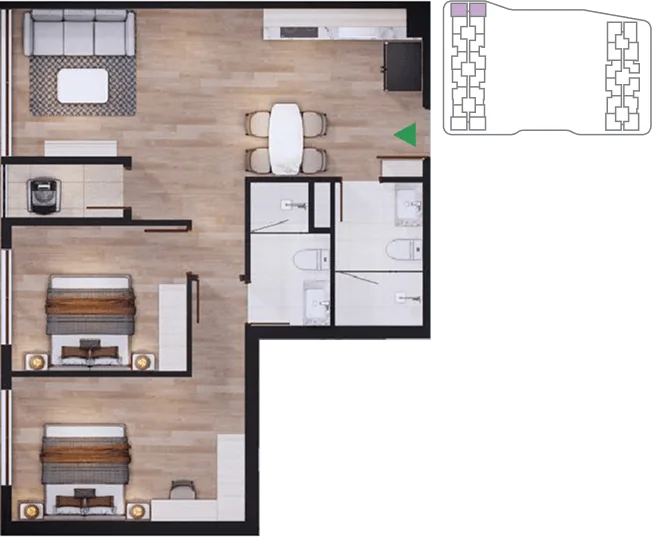 Mặt bằng 3D căn 2 phòng ngủ Corner (căn góc) ~64,50 – 66,30 m² tại Arcadia at Lavila