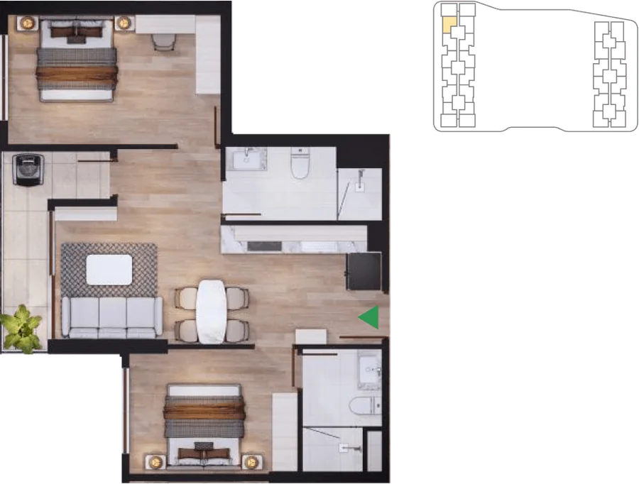 Mặt bằng 3D căn 2 phòng ngủ Harmonie ~64,32 – 65,76 m² tại Arcadia at Lavila