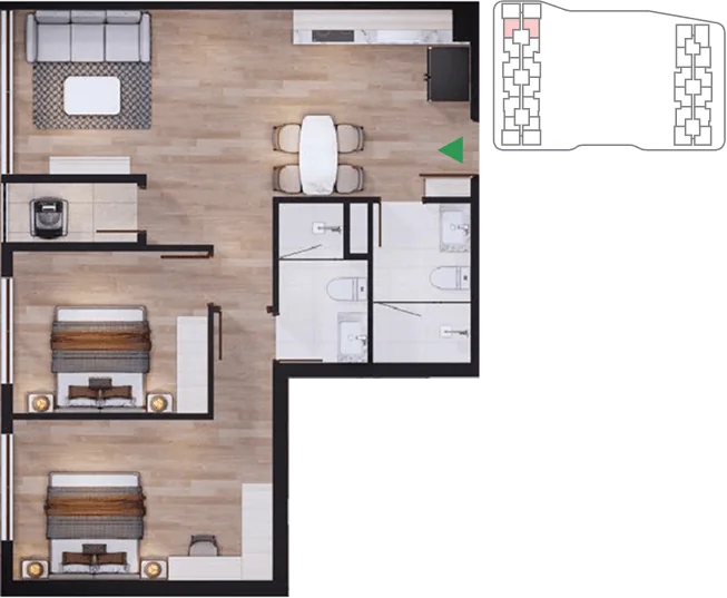 Mặt bằng 3D căn 2 phòng ngủ Libre ~67,71 – 68,79 m² tại Arcadia at Lavila