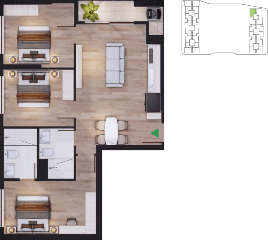 Mặt bằng 3D căn 3 phòng ngủ ~75,73 – 75,84 m² tại Arcadia at Lavila