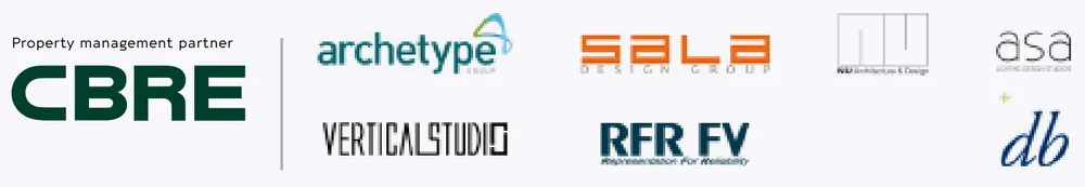 Logo CBRE quản lý vận hành và đối tác thiết kế Archetype, Sala Design Group, Vertical Studio, RFR FV, MW, ASA, db