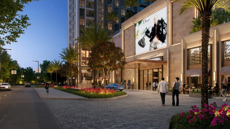 Sảnh đón và mặt tiền khối đế Arcadia at Lavila bên đường nội khu rợp cây (ảnh minh họa)