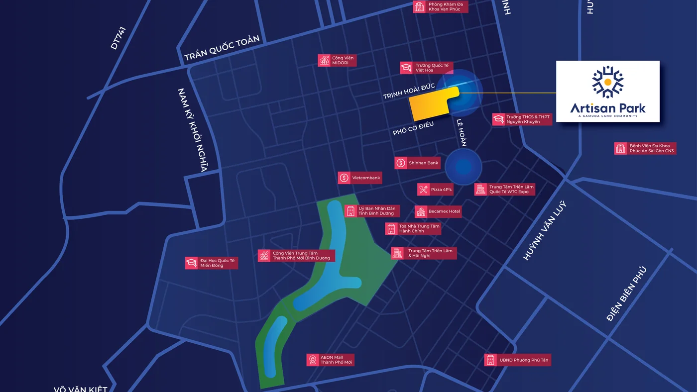 Bản đồ vị trí Artisan Park trên đường Lê Hoàn, gần WTC và công viên trung tâm Thành phố mới Bình Dương