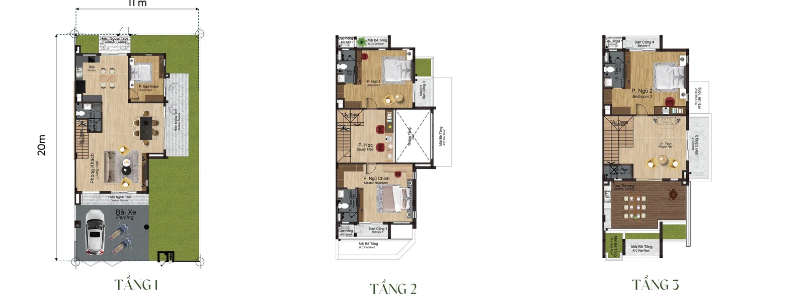 Mặt bằng từng tầng nhà phố 3 tầng mẫu TH1d2 Artisan Park, đất 11 × 20 m, tổng sàn 291,39 m²