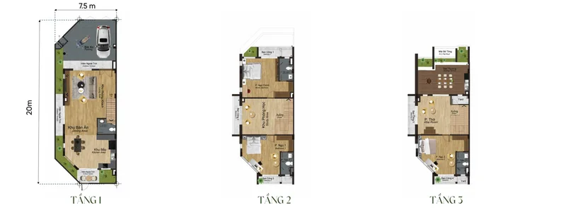 Mặt bằng từng tầng nhà phố 3 tầng mẫu TH1e Artisan Park, đất 7,5 × 20 m, tổng sàn 277,19 m²