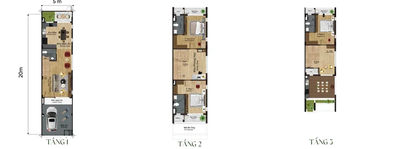 Mặt bằng từng tầng nhà phố 3 tầng mẫu TH1h Artisan Park, đất 5 × 20 m, tổng sàn 216,18 m²