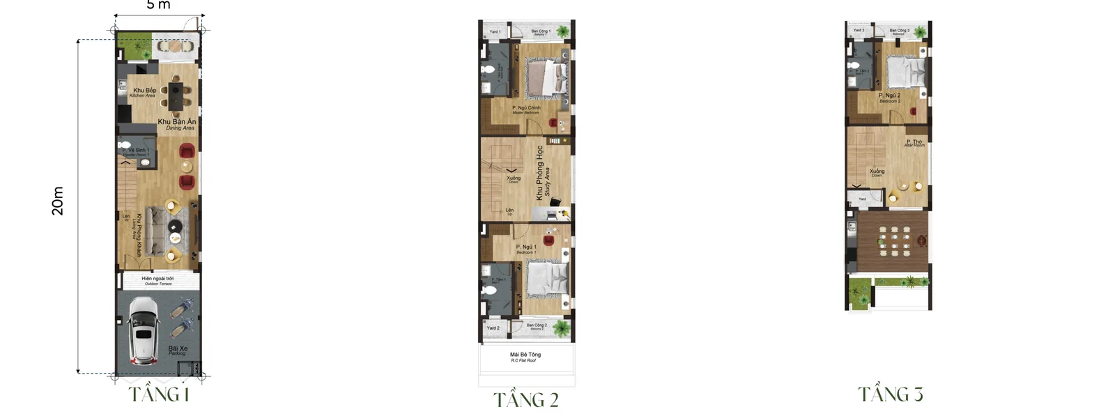 Mặt bằng từng tầng nhà phố 3 tầng mẫu TH1h Artisan Park, đất 5 × 20 m, tổng sàn 216,18 m²