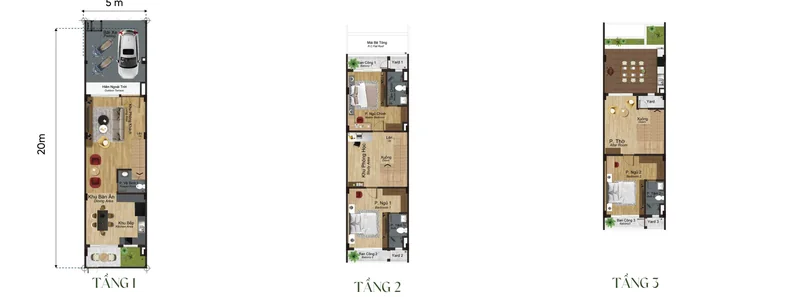 Mặt bằng từng tầng nhà phố 3 tầng mẫu TH2a Artisan Park, đất 5 × 20 m, tổng sàn 216,19 m²
