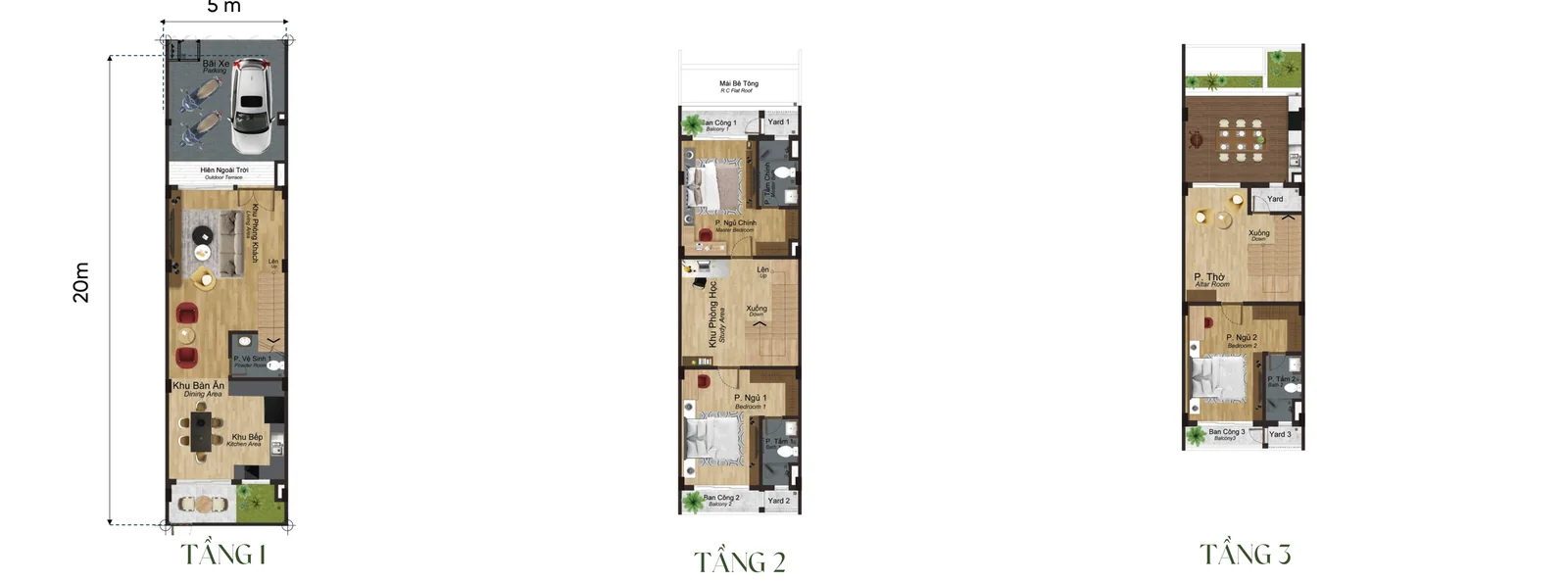 Mặt bằng từng tầng nhà phố 3 tầng mẫu TH2a Artisan Park, đất 5 × 20 m, tổng sàn 216,19 m²