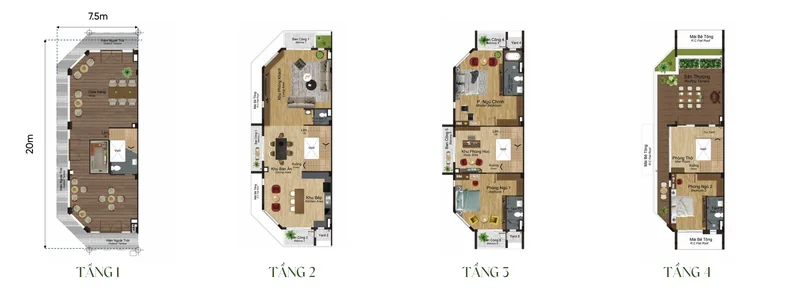 Mặt bằng từng tầng nhà phố 4 tầng mẫu SH1a Artisan Park, đất 7,5 × 20 m, tổng sàn 419,64 m²