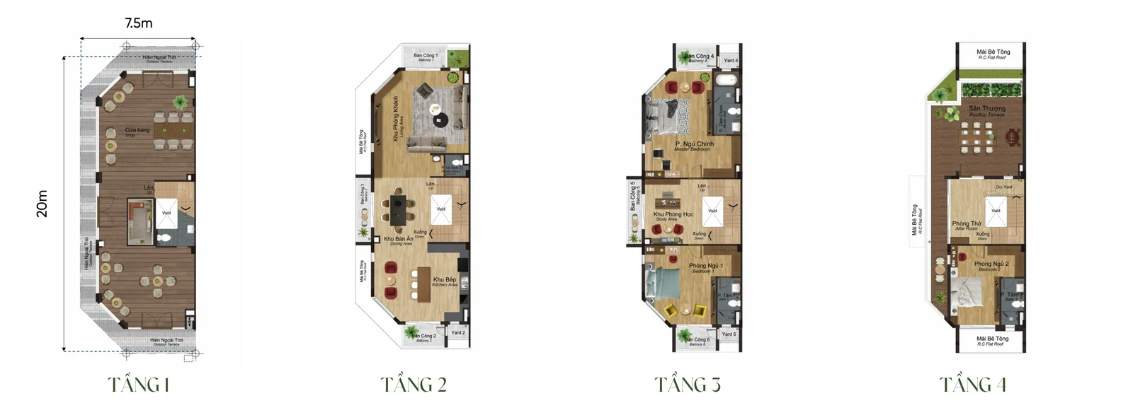 Mặt bằng từng tầng nhà phố 4 tầng mẫu SH1a Artisan Park, đất 7,5 × 20 m, tổng sàn 419,64 m²