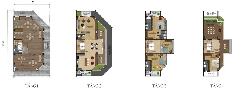 Mặt bằng từng tầng nhà phố 4 tầng mẫu SH1k2 Artisan Park, đất 11 × 20 m, tổng sàn 471,77 m²