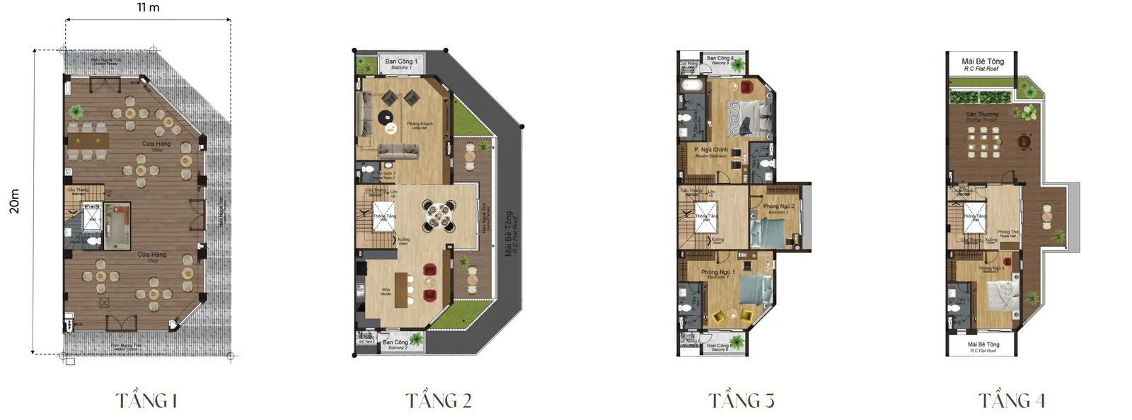Mặt bằng từng tầng nhà phố 4 tầng mẫu SH1k2 Artisan Park, đất 11 × 20 m, tổng sàn 471,77 m²