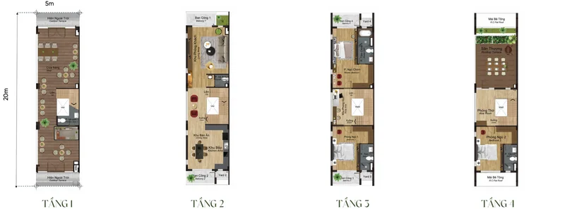 Mặt bằng từng tầng nhà phố 4 tầng mẫu SH1l Artisan Park, đất 5 × 20 m, tổng sàn 348,50 m²