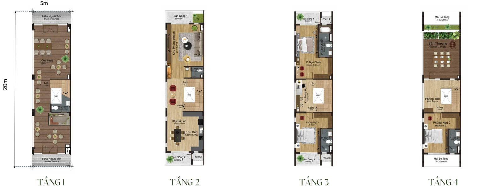 Mặt bằng từng tầng nhà phố 4 tầng mẫu SH1l Artisan Park, đất 5 × 20 m, tổng sàn 348,50 m²