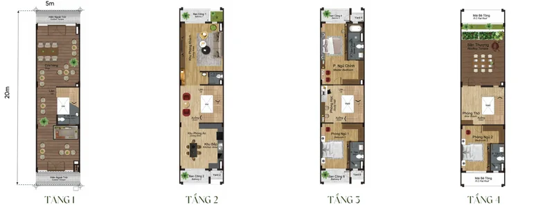 Mặt bằng từng tầng nhà phố 4 tầng mẫu SH2a Artisan Park, đất 5 × 20 m, tổng sàn 348,29 m²