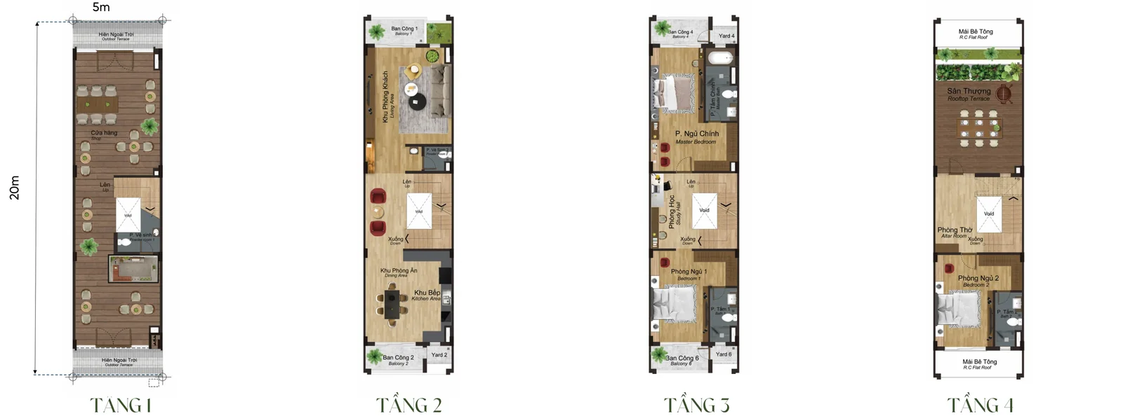 Mặt bằng từng tầng nhà phố 4 tầng mẫu SH2a Artisan Park, đất 5 × 20 m, tổng sàn 348,29 m²