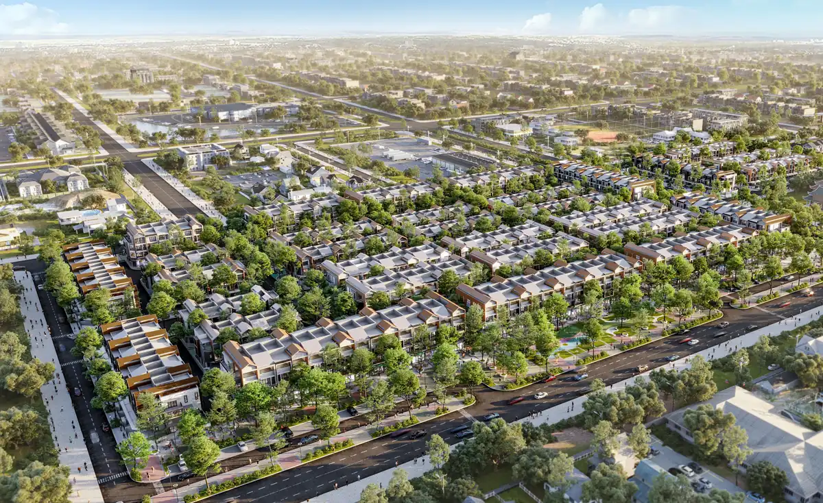Toàn cảnh Artisan Park từ trên cao: khu nhà phố thương mại 5,6 ha xen công viên và phố đi bộ (ảnh minh họa)