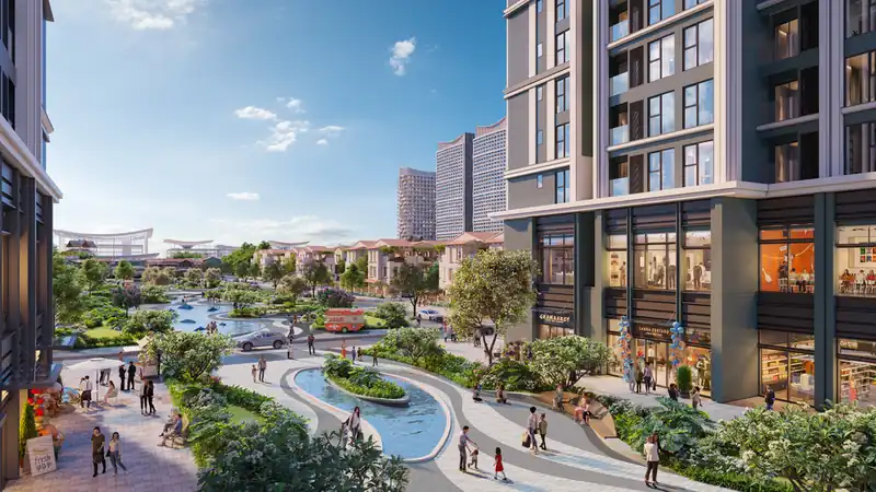 Cảnh quan giữa các tòa Beachtro Tower: suối cảnh, lối dạo và khối đế thương mại sôi động