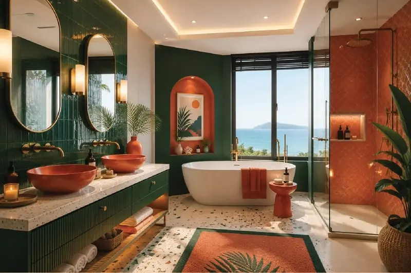 Ý tưởng DyHome phong cách Modern Tropical: phòng tắm gạch xanh, bồn tắm nằm nhìn ra biển tại Beachtro Tower