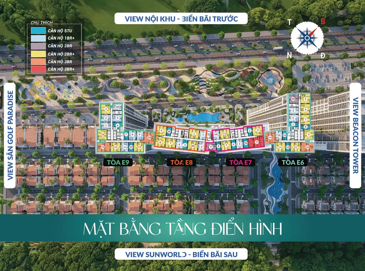 Mặt bằng tầng điển hình Beachtro Tower 4 tòa E6, E7, E8, E9: căn Studio, 1BR+, 2BR, 2BR+, 3BR, 3BR+ và 4 hướng view