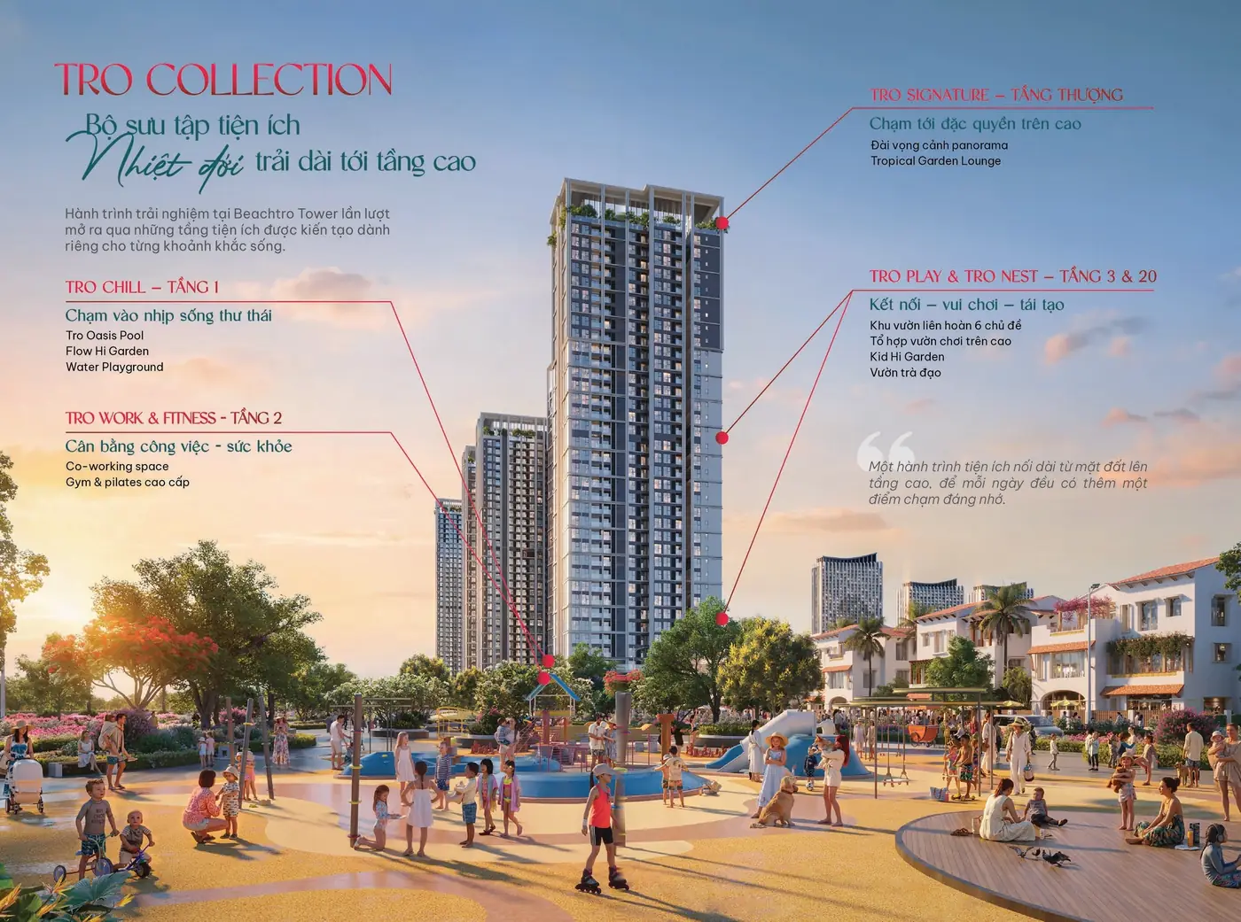 Tro Collection – tiện ích Beachtro Tower theo tầng: Tro Chill, Tro Work & Fitness, Tro Play, Tro Nest, Tro Signature