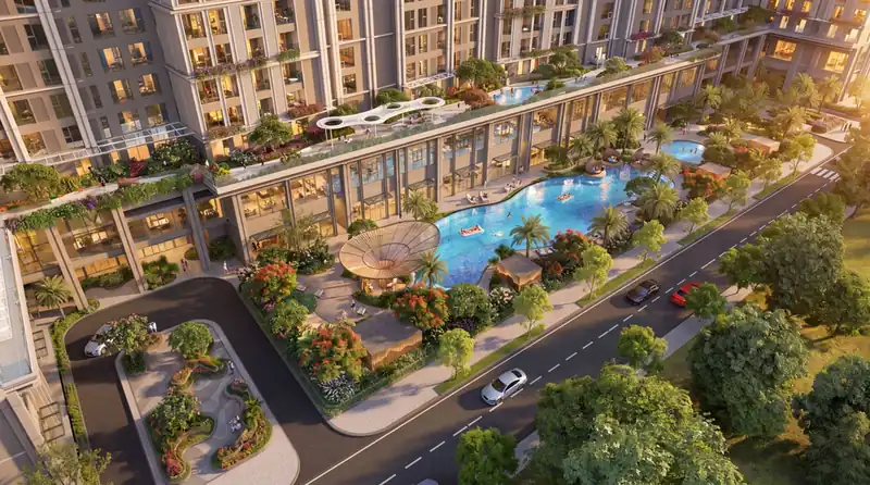 Khối đế Beachtro Tower nhìn từ trên cao: bể bơi tự do, vườn liên hoàn và lối dạo giữa các tòa tháp