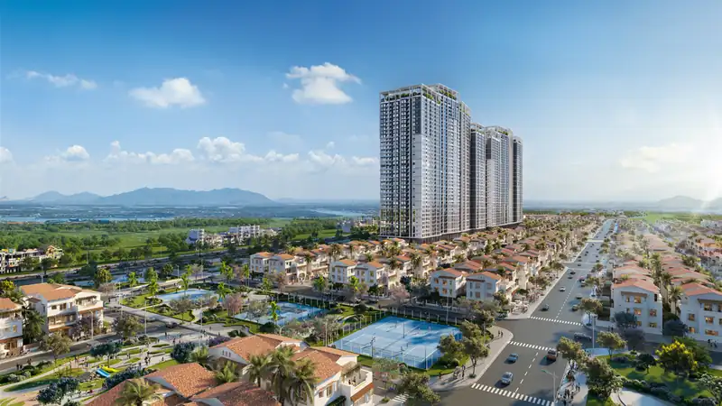 Sport Park Blanca City với sân pickleball, sân bóng rổ, nhìn về các tháp Beachtro Tower