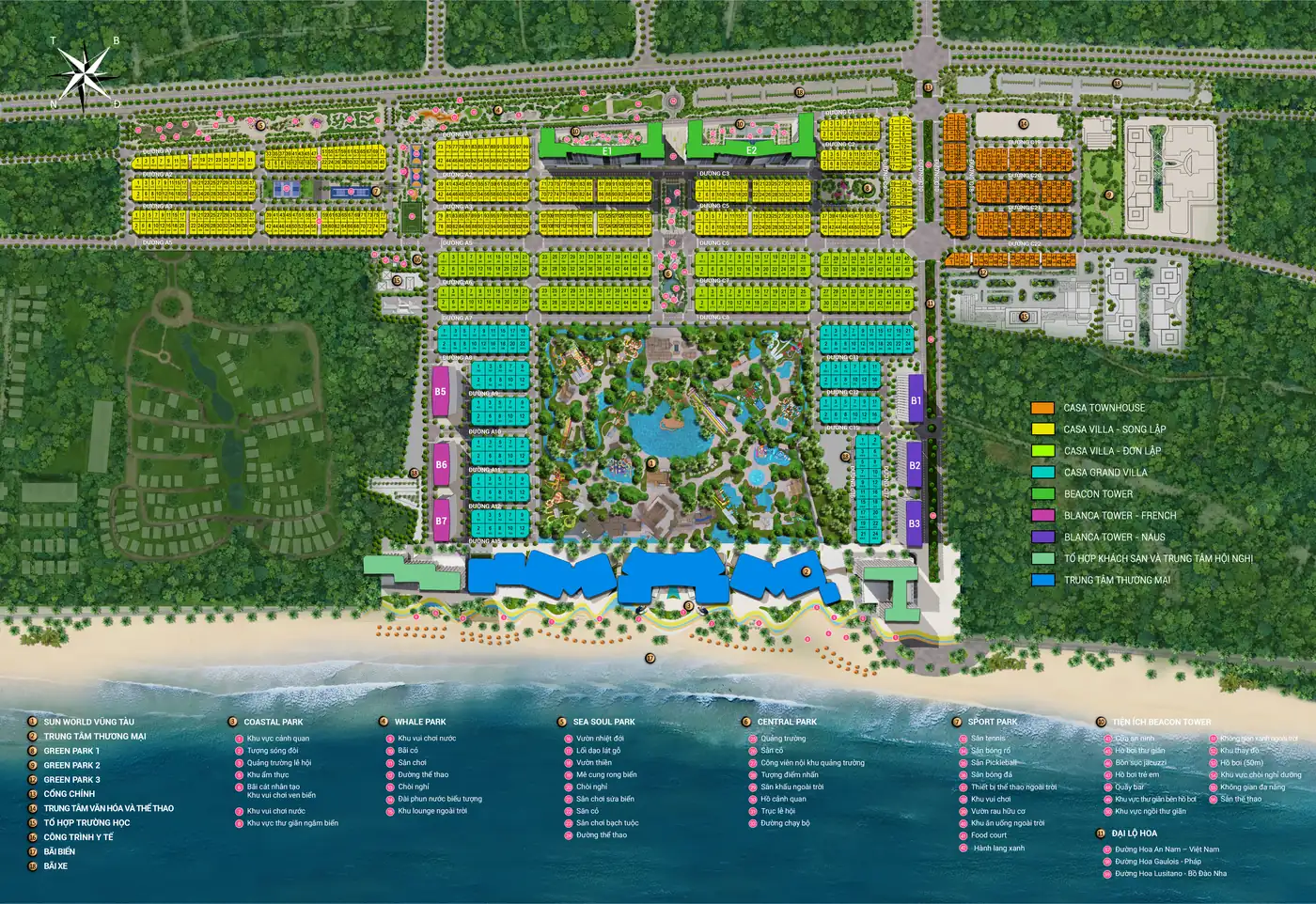 Tổng mặt bằng Blanca City: Beachtro Tower, Sun World, TTTM mặt biển, Whale Park, Central Park, Sport Park, Sea Soul Park