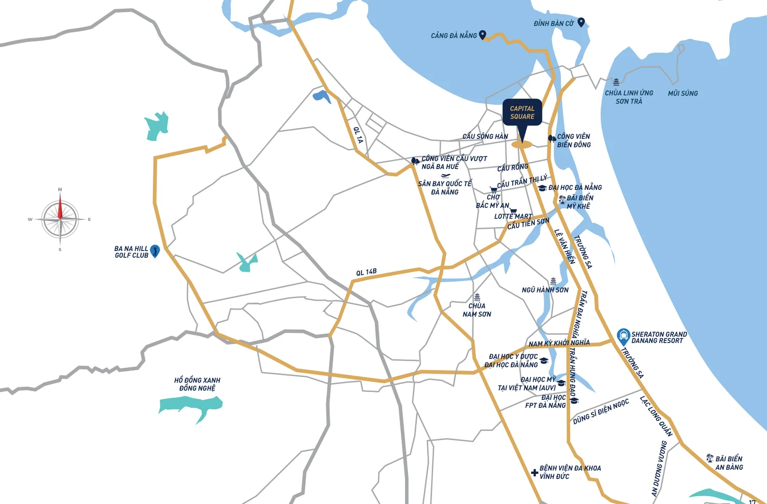 Bản đồ vị trí Capital Square bên cầu sông Hàn, đường Trần Hưng Đạo, gần sân bay Đà Nẵng, biển Mỹ Khê, Ngũ Hành Sơn