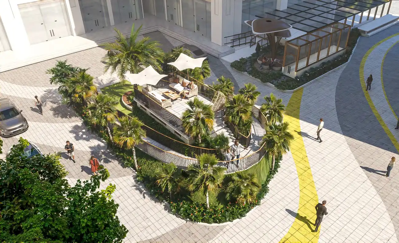 Cảnh quan nội khu Capital Square nhìn từ trên cao: sân vườn, lều nghỉ, hàng cọ và lối dạo