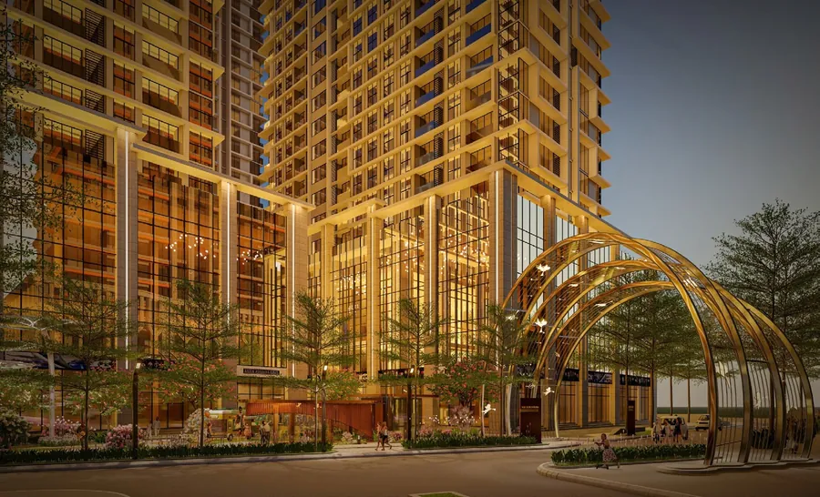 Cổng âm nhạc dạng vòm ánh sáng trước toà tháp Capital Square về đêm