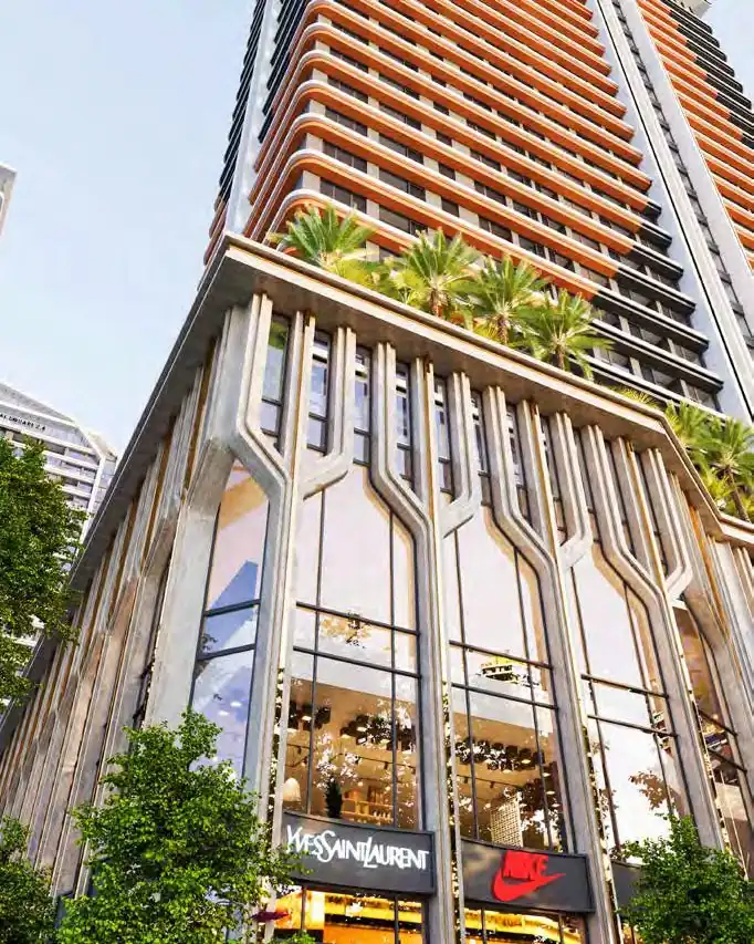 Khối đế thương mại dịch vụ Capital Square với mặt tiền kính, hàng cọ trên sân thượng khối đế