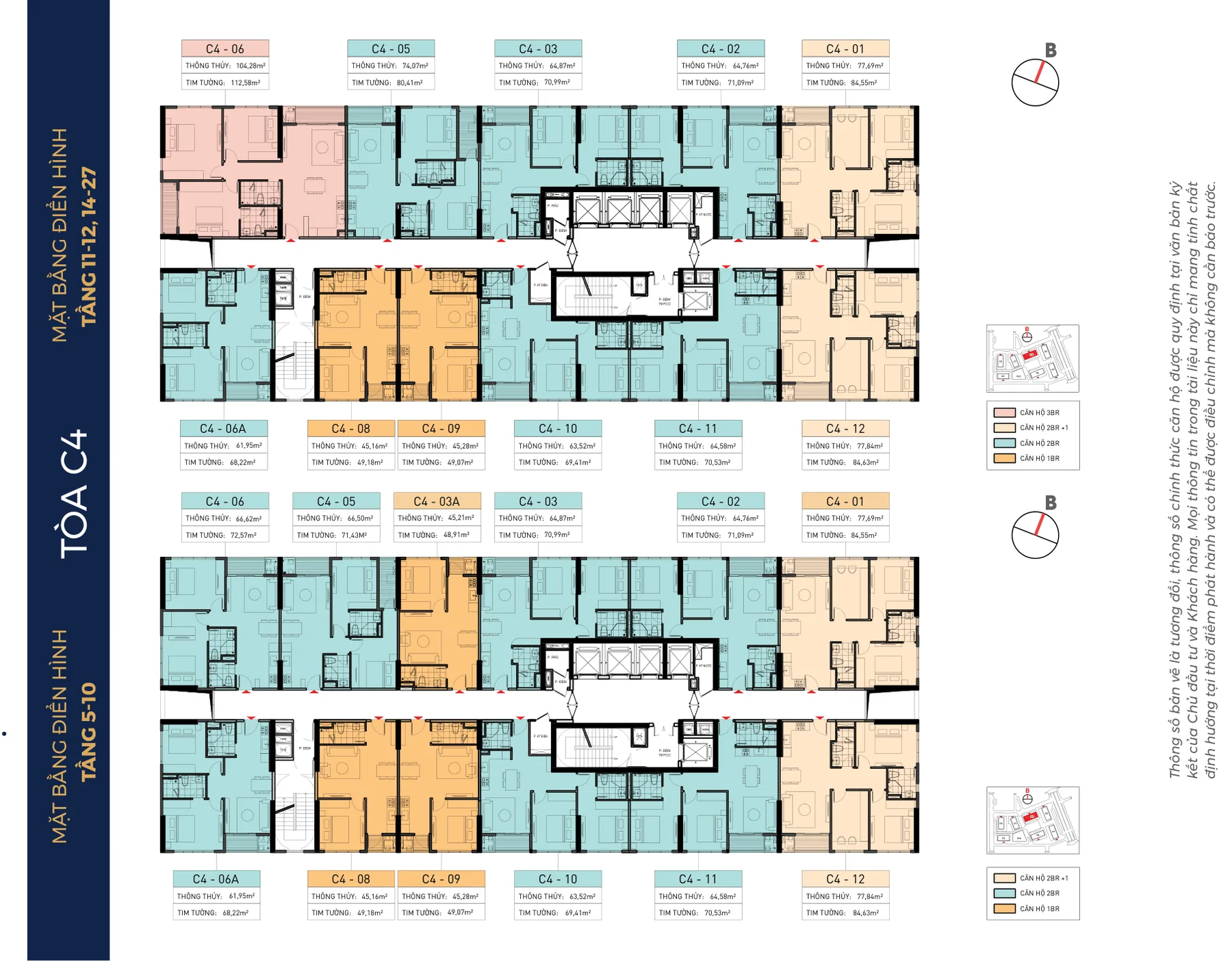 Mặt bằng điển hình toà C4 Capital Square: tầng 5–10 và tầng 11–12, 14–27, căn 1PN, 2PN, 2PN+1, 3PN