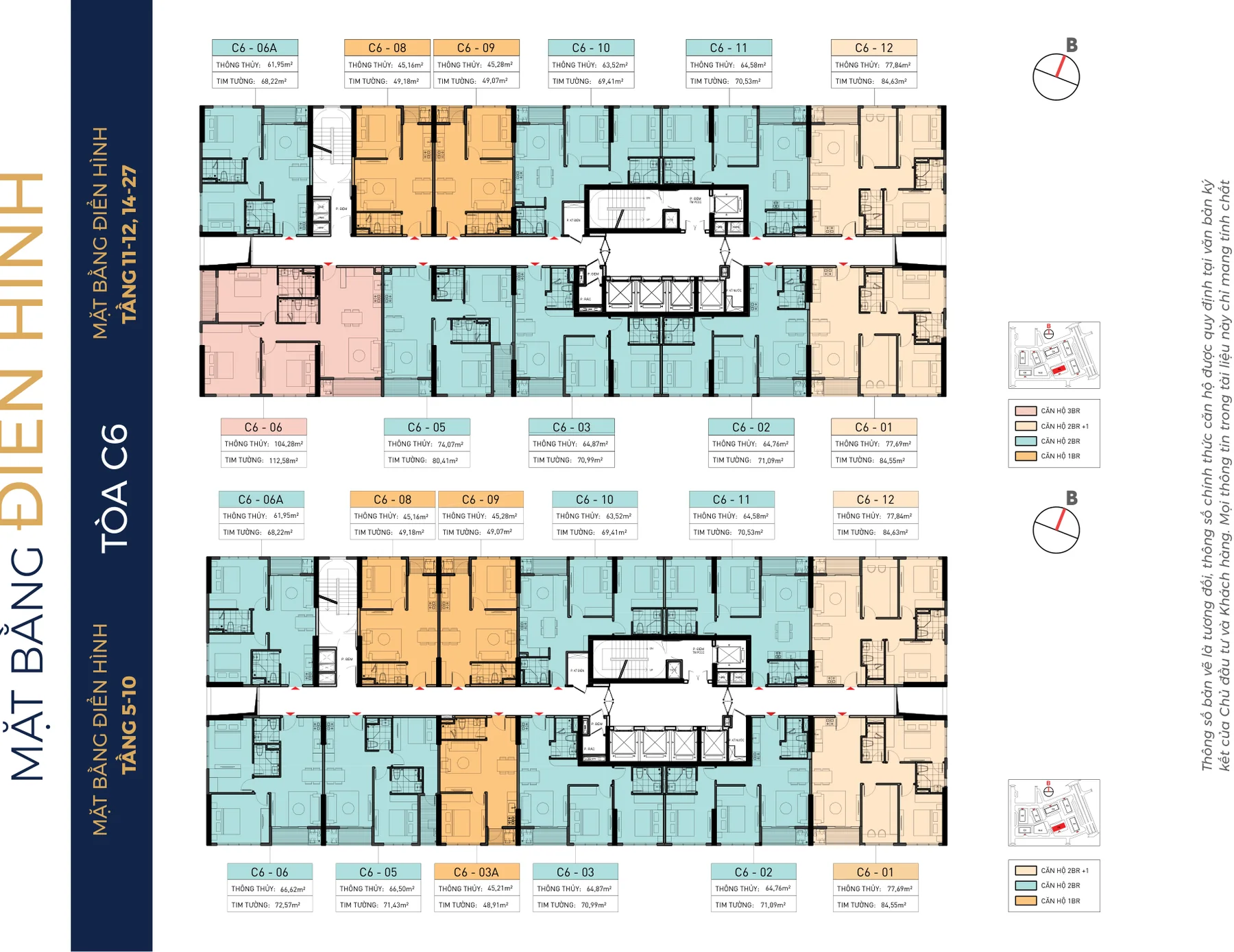Mặt bằng điển hình toà C6 Capital Square: tầng 5–10 và tầng 11–12, 14–27, căn 1PN, 2PN, 2PN+1, 3PN