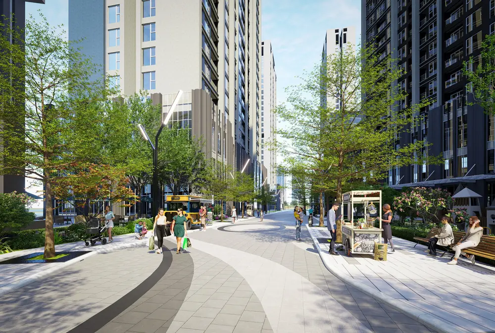Tuyến phố đi bộ nội khu Capital Square giữa các toà tháp, hàng cây và quầy hàng
