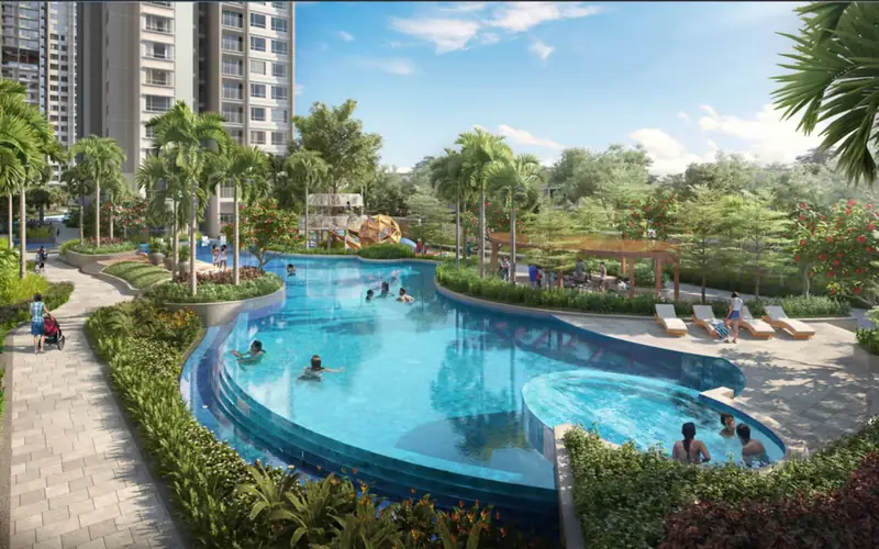 Hồ bơi uốn lượn giữa vườn nhiệt đới tại Celesta Gold, góc hồ sục thư giãn và khu cầu trượt nước cho trẻ em