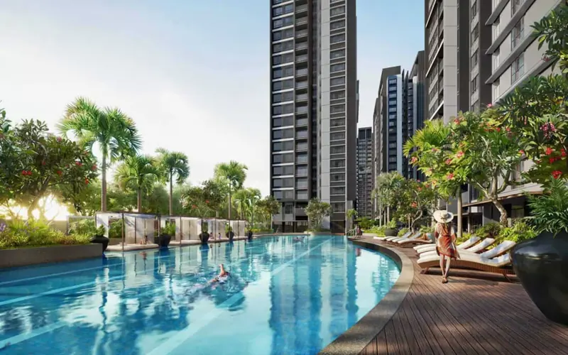 Hồ bơi phong cách resort tại Celesta Gold: sàn gỗ tắm nắng, hàng ghế dài, cabana và hàng dừa quanh hồ