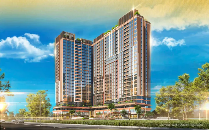Phối cảnh Celesta Gold dưới nắng: 2 tháp 25 tầng mặt kính viền đồng, khối đế shophouse và hàng cây dọc đường