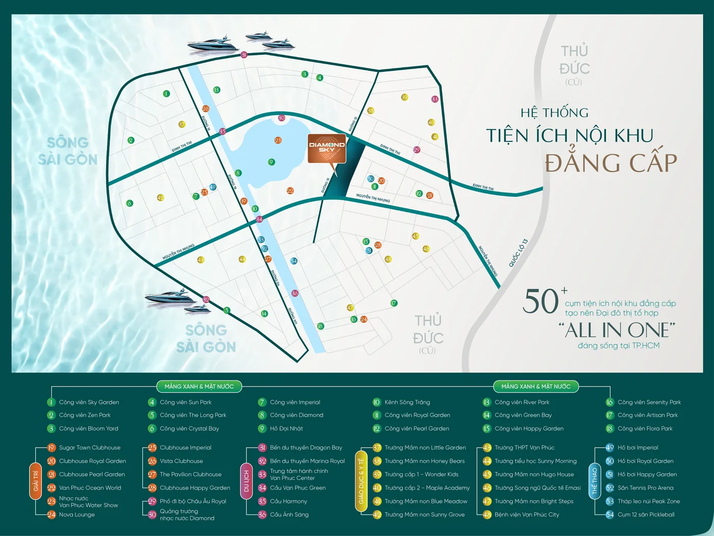 Bản đồ hệ thống hơn 50 tiện ích nội khu khu đô thị Vạn Phúc City: công viên, clubhouse, trường học, bệnh viện, bến du thuyền