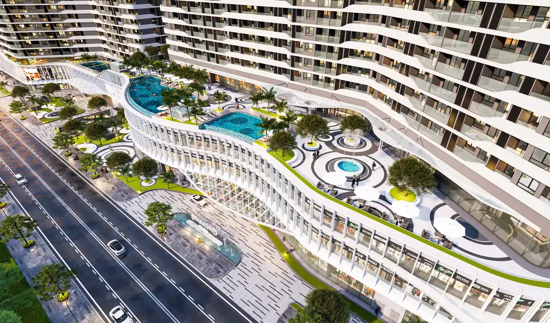 Khối đế trung tâm thương mại Diamond Sky với hồ bơi uốn lượn và vườn cảnh quan trên mái, bên đường Đinh Thị Thi