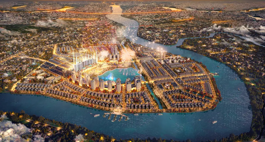 Khu đô thị Vạn Phúc City của Vạn Phúc Group bên sông Sài Gòn nhìn từ trên cao lúc lên đèn