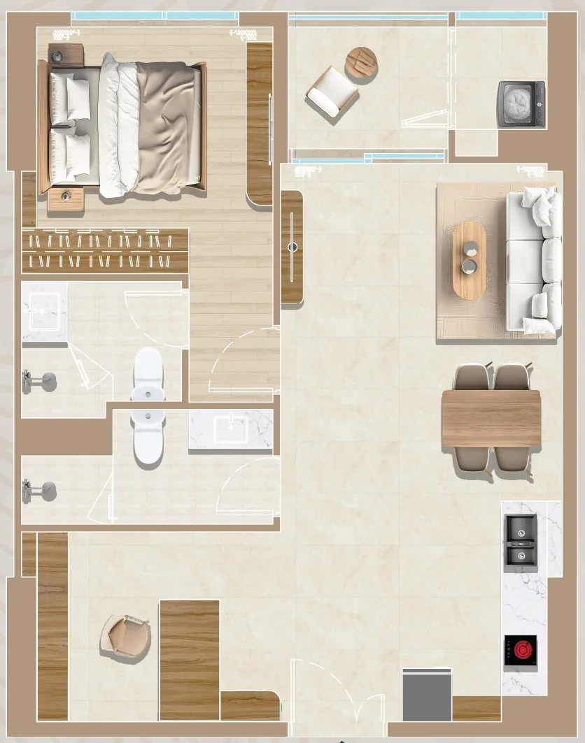 Layout căn hộ 1PN+1 mẫu A1, A4 Diamond Sky: tim tường 69,46–70,67 m², thông thủy 62,51–63,99 m²