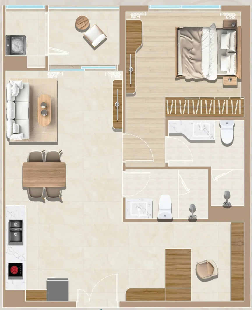 Layout căn hộ 1PN+1 mẫu A2, A3 Diamond Sky: phòng ngủ, phòng linh hoạt, bếp và lô gia