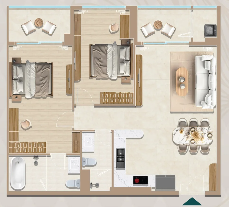 Layout căn hộ 2PN mẫu B1–B11 Diamond Sky: tim tường 102,19–104,88 m², thông thủy 91,61–95,88 m²